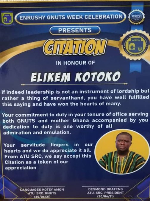 ComradeSharp's tweet photo. Elikem Kotoko receives a citation of honor  from Accra Technical University for his commitment and dedication to Youth Development.
Thank you #ATU 
#YesTogetherWeCan https://t.co/8DGoo7isWJ