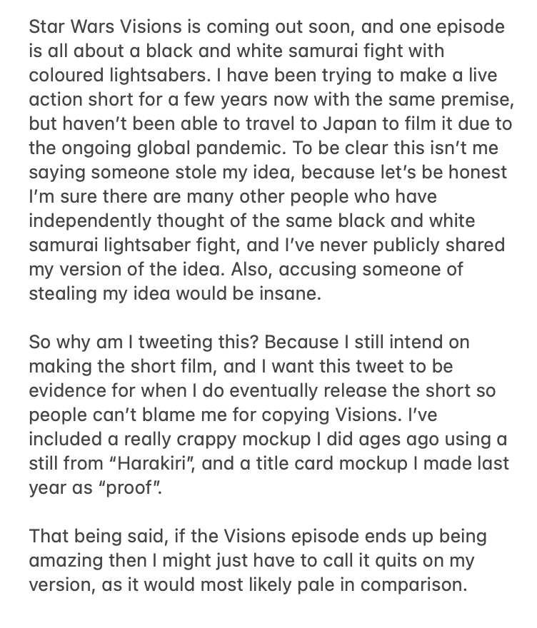 Bomb_Arrow's tweet photo. Just putting this out there to protect my future self. Star Wars Visions looks really cool though. https://t.co/c0AB0MOrwV