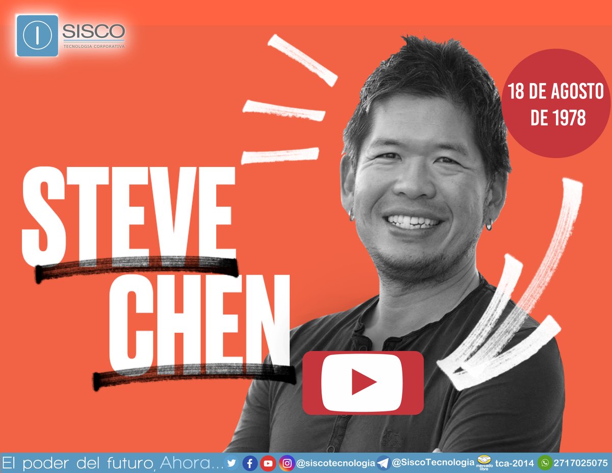 ¿Sabías que?...🤔 El 18 de agosto de 1978, nació en Taiwan,⛩ Steve Chen, un empresario de Internet mejor conocido como el cofundador y exdirector de tecnología de YouTube.🙌🤩 #YouTube #SteveChen #Cofundador #Tecnologia #DatoCurioso #SiscoTecnologiaCorporativa