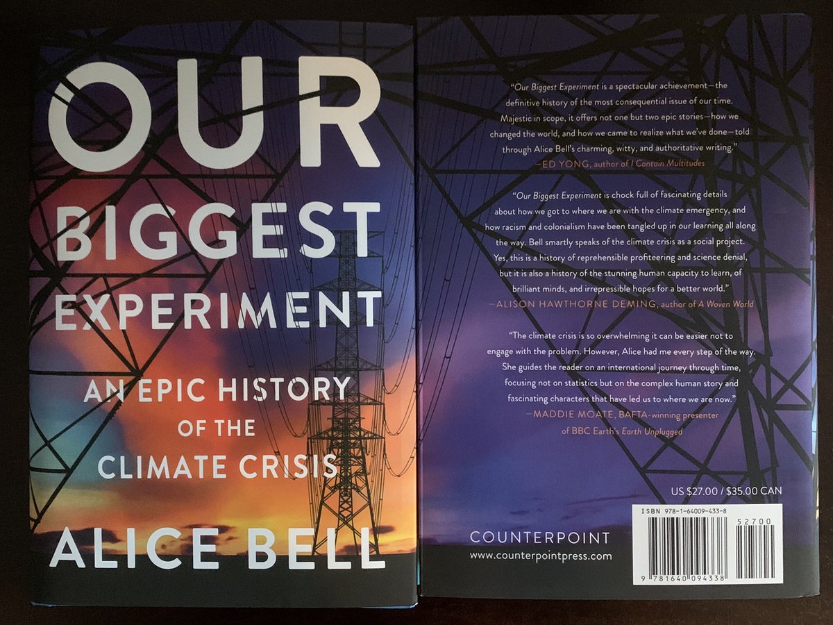 Cover of hardback book: Our Biggest Experiment, Alice Bell. The cover has a pylon in silhouette with a dramatic coloured sunset behind full of pinks and reds and yellows on a deep blue/ purple sky.