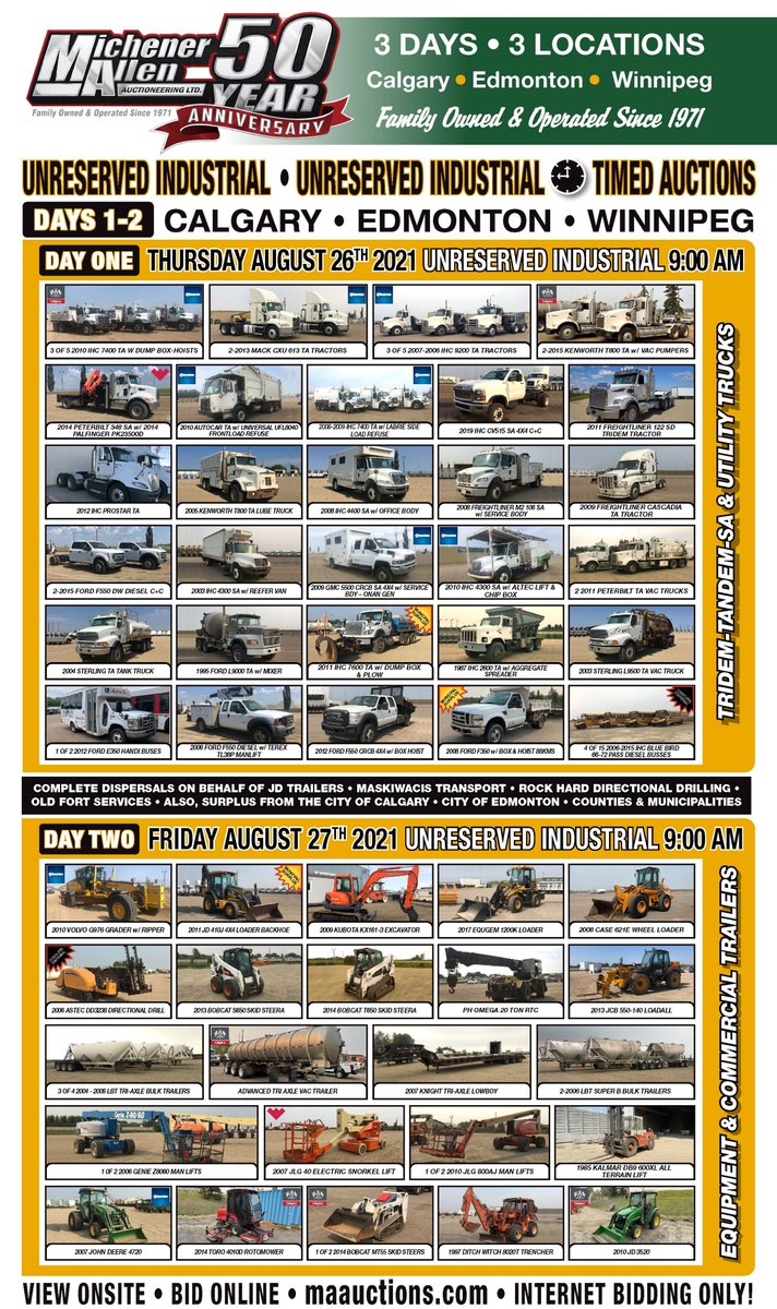 maauctionscom's tweet photo. Michener Allen Auctioneering's 3 Day 3 Location Unreserved Industrial &amp; Auto RV Auctions are August 26th, 27th &amp; 28th. For consignment participation contact your representative today! Info @ https://t.co/i6WBoXK9xF https://t.co/tu4XCOtzLy