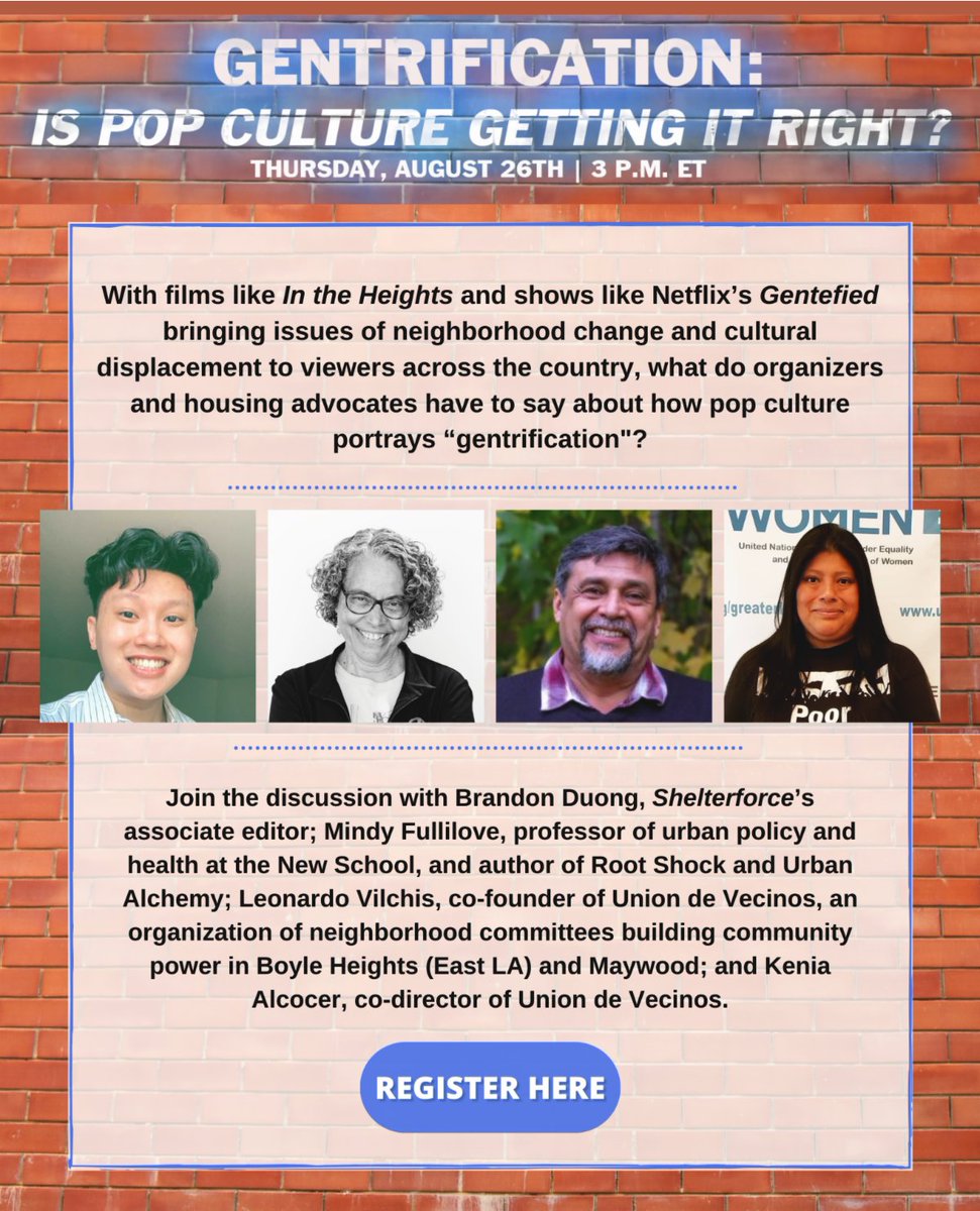 newvillagepress's tweet photo. Be sure to tune in August 26th, 3pm EDT to hear @mindphul's discussion with @Shelterforce on the portrayal of #gentrification in pop culture! Fullilove is author of #RootShock and #UrbanAlchemy. Register at the link below!
https://t.co/SETlLooObE https://t.co/h0DsPTlzVI
