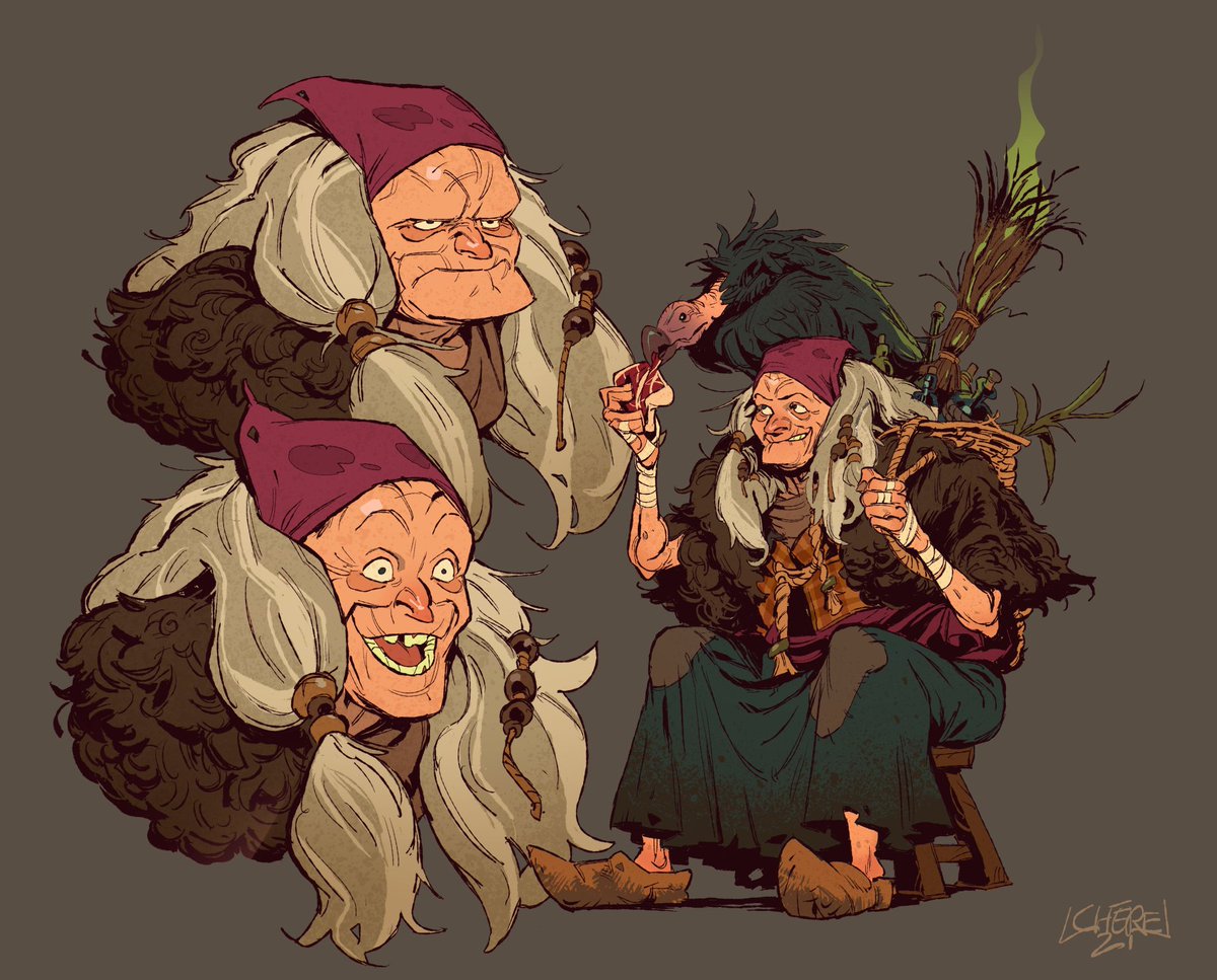 cherelleo_art's tweet photo. Here's Aunt Moussarde, my character from our RPG campaign. She's a feral witch with a vulpture named Ripaille (Feast) as companion. She can also turn you into ashes so don't mess with her 🔥 https://t.co/QifXg14qPX