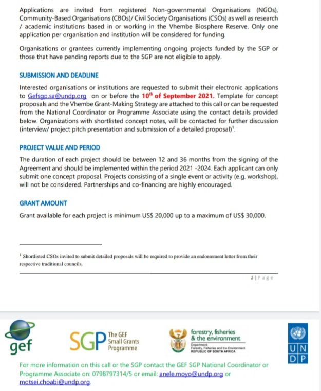 FUNDING OPPORTUNITY The @GEF_SGP is announcing a call for project concept proposals for community based environment and climate change projects withing the Vhembe Biosphere Reserve. This is a great opportunity drive.google.com/drive/folders/… @Univenofficial @VhembeDM @UNDP