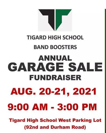 TigardTigers's tweet photo. It's time for this Tigard tradition! The Tigard High Band Boosters annual garage sale! Fri 8/20 - Sat 8/21 9am to 3pm. Get great stuff AND support our kids! https://t.co/Ii2rEBE7t9