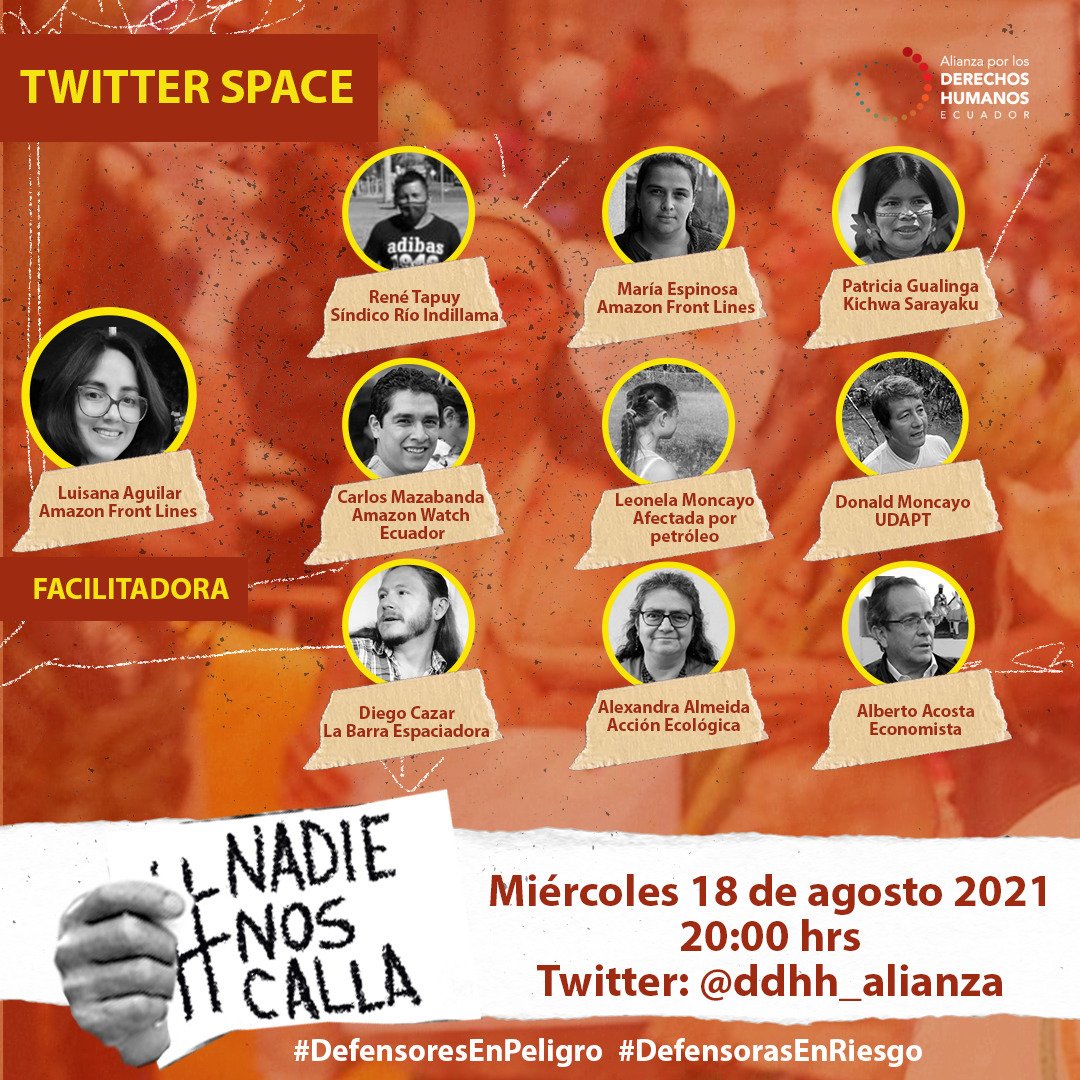 Hoy, a las 20h00. #NadieNosCalla #TwitterSpace  

@pumahuarmi @Carlos_San11 @lmespinosav @dieguitocazar @AlbertoAcostaE @donald_moncayo @AcEcologica