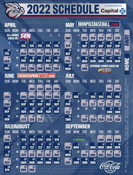 Ironpigs Schedule 2023 Calendar Lehigh Valley Ironpigs Announce 144-Game Schedule For 2022 Season –  Phillies Nation