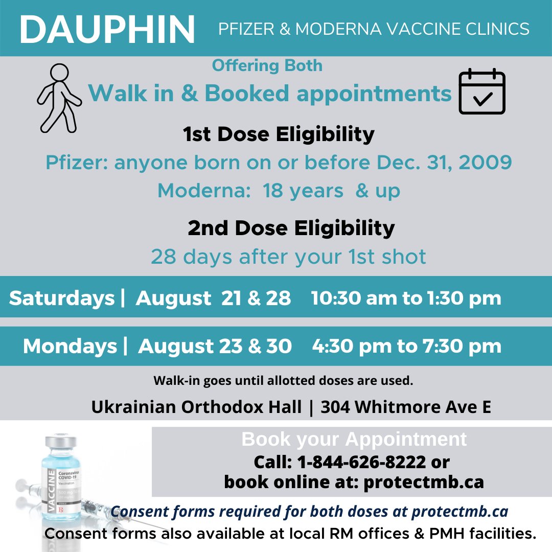 PrairieMtHealth's tweet photo. #Dauphin vaccine supersite clinics offering both Pfizer &amp; Moderna walk in &amp; booked appointments on clinic days. Remember anyone born on or before December 31, 2009 can receive the Pfizer vaccine. Consent form: https://t.co/LP987fksnr
@cityofdauphin https://t.co/hYTYQGRb6H