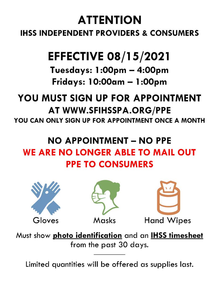 SFIHSSPA's tweet photo. Important information regarding PPE: Unfortunately, we are no longer able to mail out PPE. We apologize for the inconvenience. We understand that in-person pick up is not an always an option. If you require assitance with making an appointment please call (415) 243-4477. https://t.co/z3ncU0N4zU