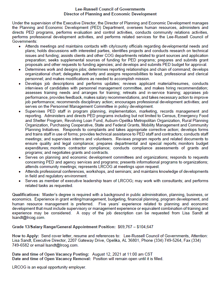Please view the LRCOG Planning and Economic Development Director Job Posting.