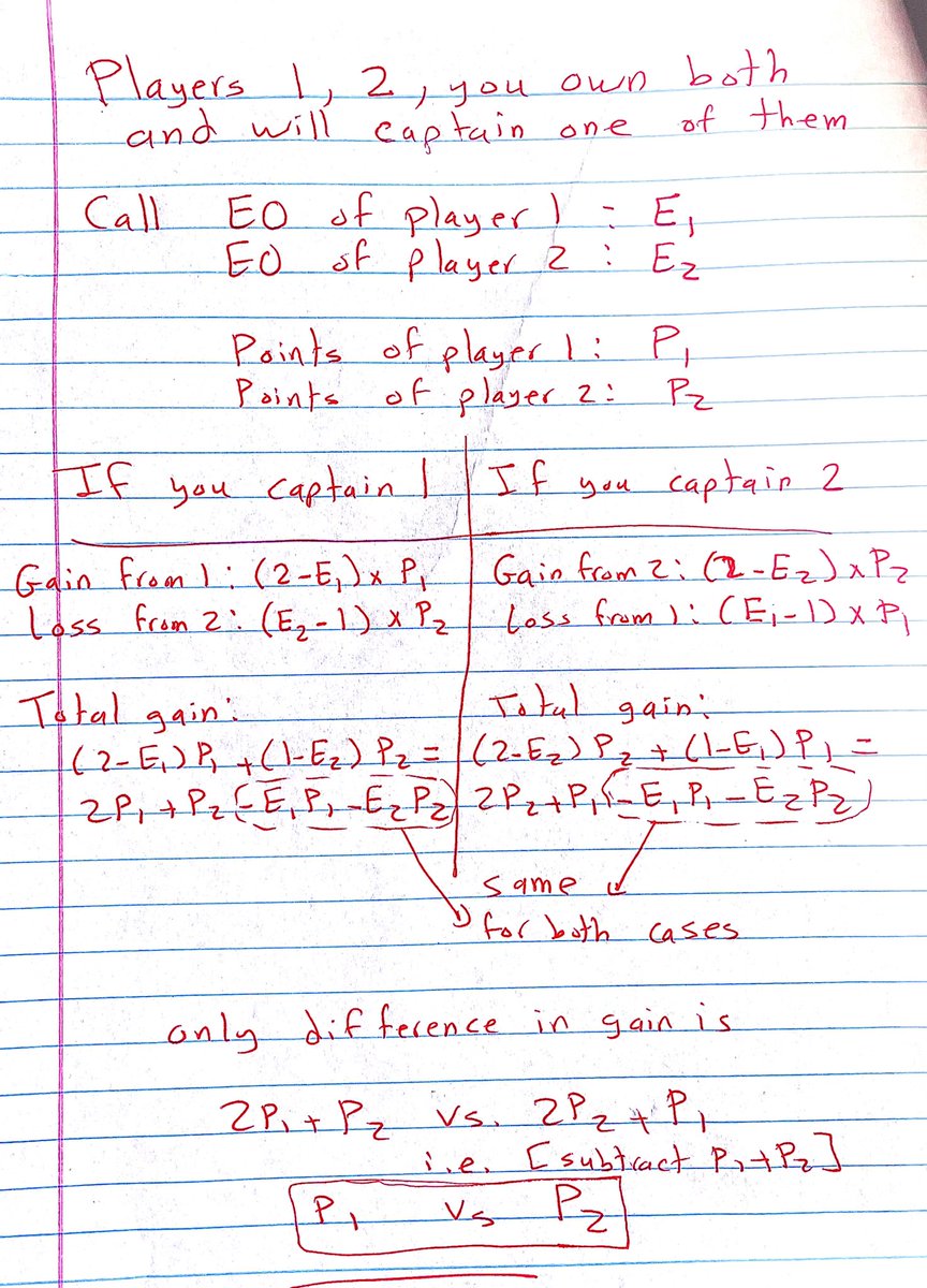 LiveFPLnet's tweet image. Might be too obvious. 

Fact:
Captaining a player who scores the most points gives the biggest rank gain, regardless of EO. 

Intuition: 
Your (c) choice doesn&apos;t affect EO of others. Capping the most points increases your total pts while others&apos; are fixed. 

Math proof: attached
