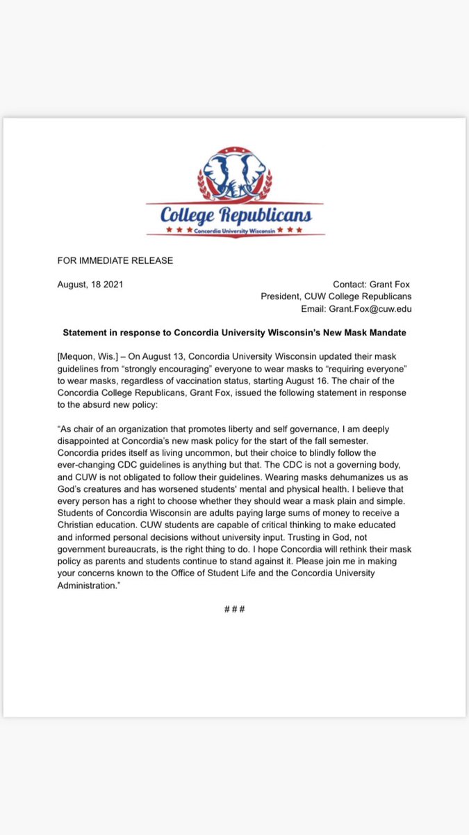cuwrepublicans's tweet photo. Here’s our statement on CUW’s ridiculous new mask mandate. https://t.co/vc6Tr3mGW9
