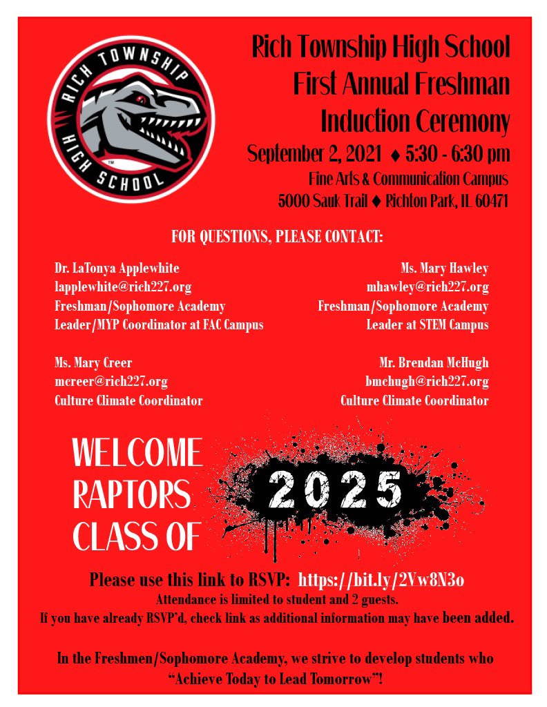Come help us celebrate our students return to school with our first annual Freshmen Induction Ceremony! Please share and support our students!!! #richinstudentsuccess
