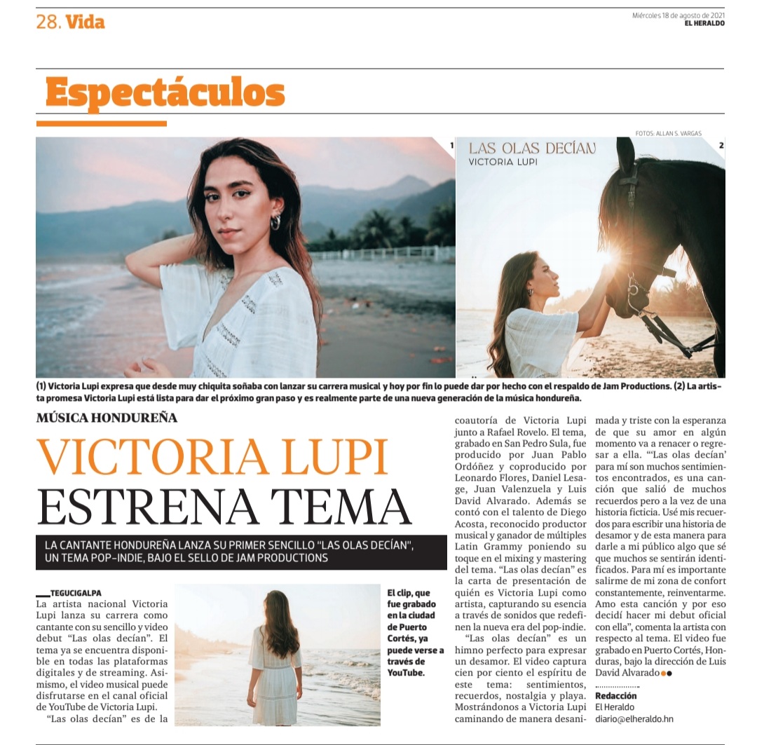 diarioelheraldo's tweet photo. La cantante hondureña @victorialupi estrena su tema "Las olas decían", un tema pop-indie, bajo el sello de Jam Productions 👏😍❤
#Honduras #victorialupi #jamproductions #lasolasdecian https://t.co/3l7dSbTHi3