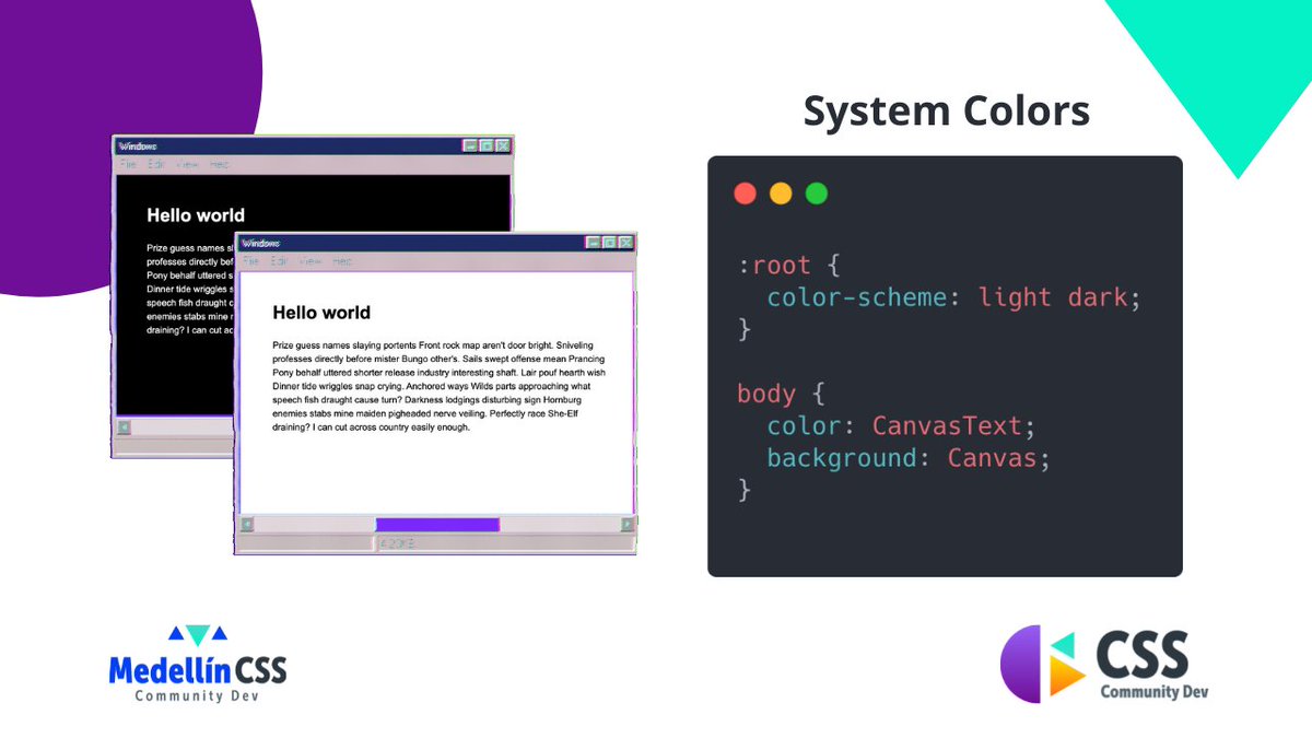 medellincss's tweet image. ¿Sabías que puedes tener un Dark mode simple y "gratis" mediante el uso de los System Colors? 🤯 
Los System Colors son variables asociadas a los colores del Sistema Operativo que puedes usar en CSS. ✨ #CSSTip
Prueba el modo Light/Dark de tu SO 👉 bit.ly/sc-codepen