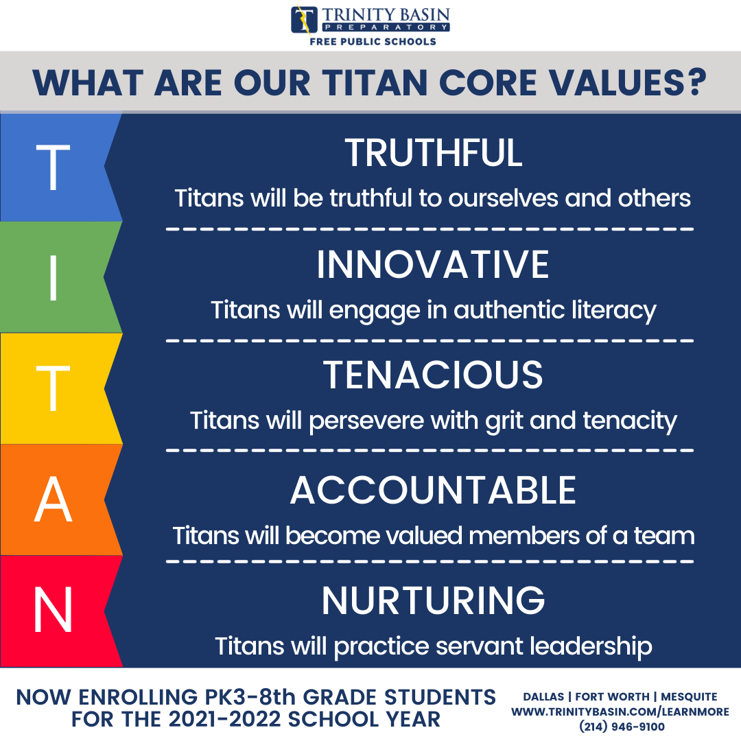 Trinity_Basin's tweet photo. At Trinity Basin Preparatory,  to make this mission a reality, every student and employee is expected to exemplify the core values of a TITAN.

Trinity Basin Preparatory is now enrolling for the 2021-2022 school year! To learn more and apply, visit https://t.co/vaTQi4FHsY. https://t.co/L6WIyjkL2N