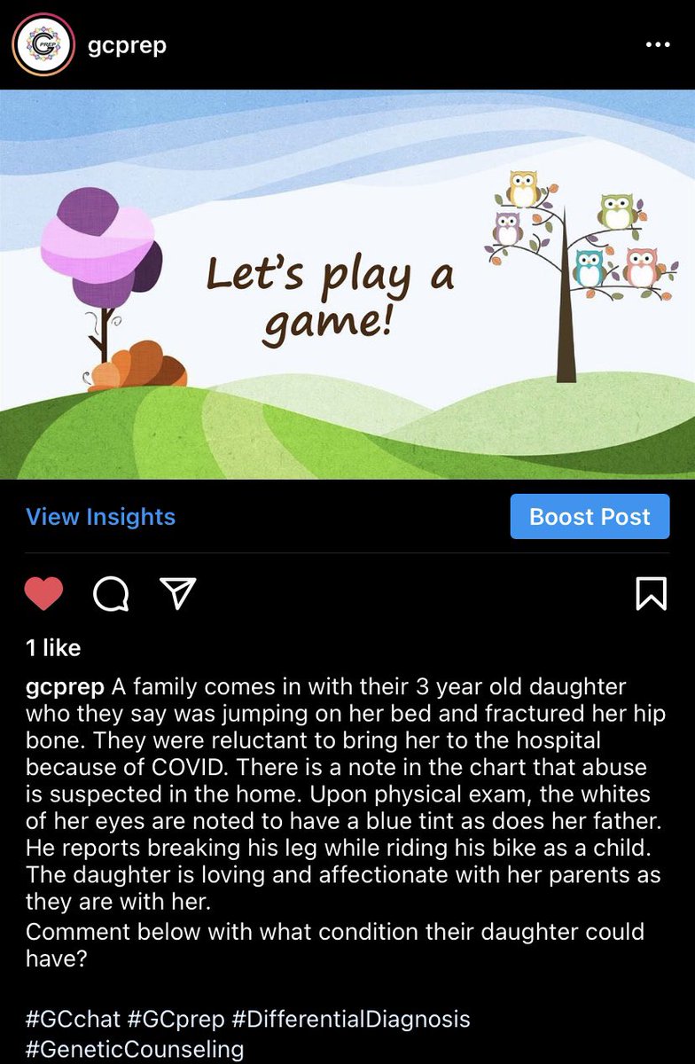 PrepGc's tweet photo. A family comes in with their 3 year old daughter who they say was jumping on her bed and fractured her hip bone…
👇 see the rest in pic

What condition does their daughter have?
⁠
#GCchat #GCprep #DifferentialDiagnosis⁠
#GeneticCounseling https://t.co/7AGWH6eVRa