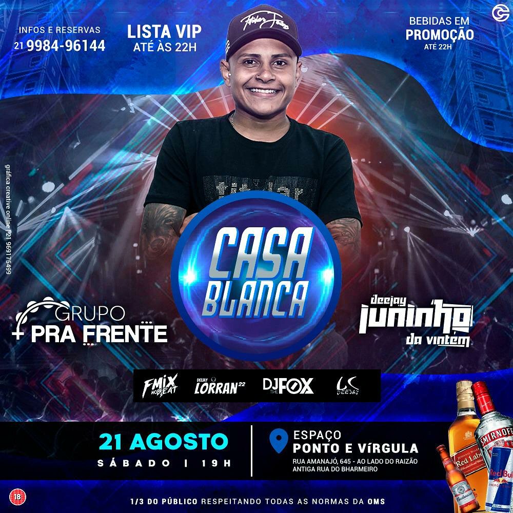 Casa_BlancaProd's tweet photo. 🚨 SABADO 21 DE AGOSTO ÁS 19HRS🚨

Novo encontro com o Grupo + Pra Frente e Dj Juninho da Vintém  no projeto "CASA BLANCA" no PONTO E VIRGULA BAR E RESTAURANTE!!💣💥

Grupo+Pra Frente
Juninho da Vintém 
+Top djs
Lista Vip até as 22hrs✅

📍Rua amanajo, 645-Bangu https://t.co/5fGOspSAuB