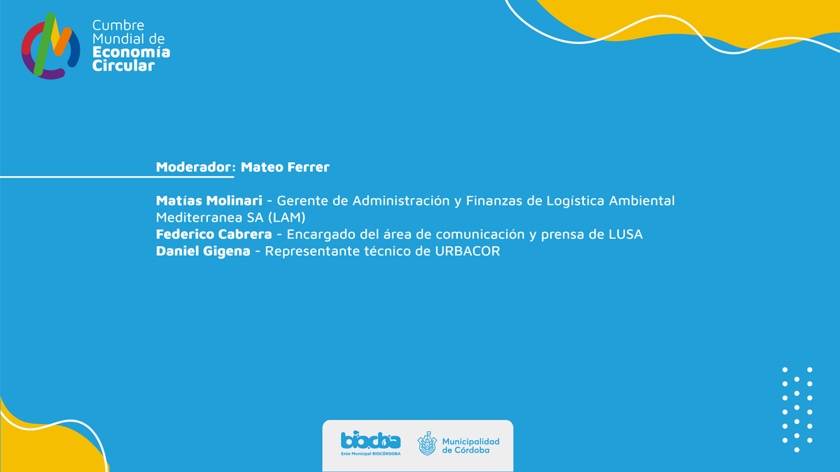 #AHORA ultimo bloque del Panel de Experiencias Circulares en la #CumbreMundialDeEconomiaCircular ♻ "RECICLAJE URBANO" 

Modera: <a href="/mateoferrer90/">Mateo Ferrer</a> y participan <a href="/UrbacorSa/">Urbacordoba S.A</a>, <a href="/lamsacba/">LAM SA</a>, <a href="/LUSA_GE/">LogisticaUrbanaSA</a> 
  
SEGUILO EN VIVO EN: youtu.be/GGaY5zTmN9A

#CumbreMundialDeEconomiaCircular
