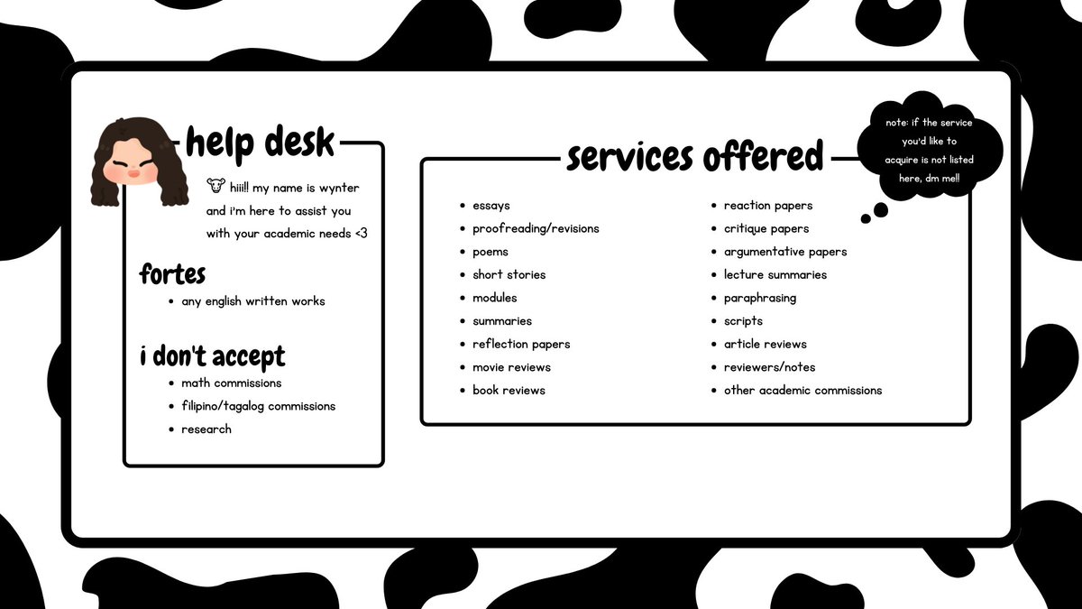 wynteracads's tweet photo. 🐮—hiii!! my name is wynter and i'm here to assist you with your academic needs <3

is the homework pile getting too overwhelming? pass some of it to me!! i can guarantee quality works at reasonable prices <3

🤍 services
🤍 terms and conditions
🤍 mop 
🤍 feedback #wyntsproofs https://t.co/mEAPo57dmy
