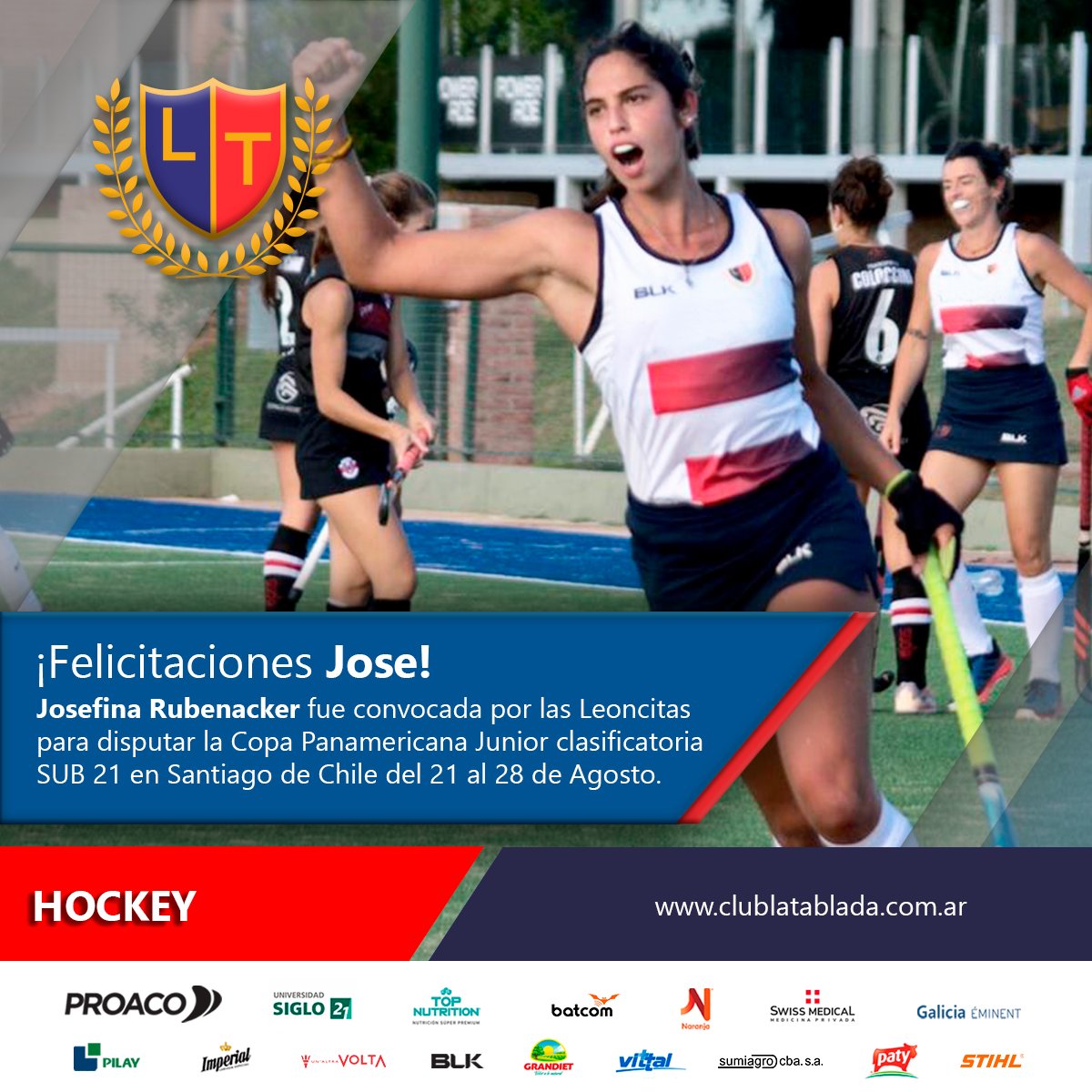 ¡Felicitaciones Jose ! 🏑💙❤️

Josefina Rubenacker fue convocada por las Leoncitas para disputar la Copa Panamericana Junior clasificatoria SUB 21 en Santiago de Chile del 21 al 28 de Agosto.
🇦🇷🇦🇷🇦🇷

#ClubLaTablada #orgulloazulgrana
