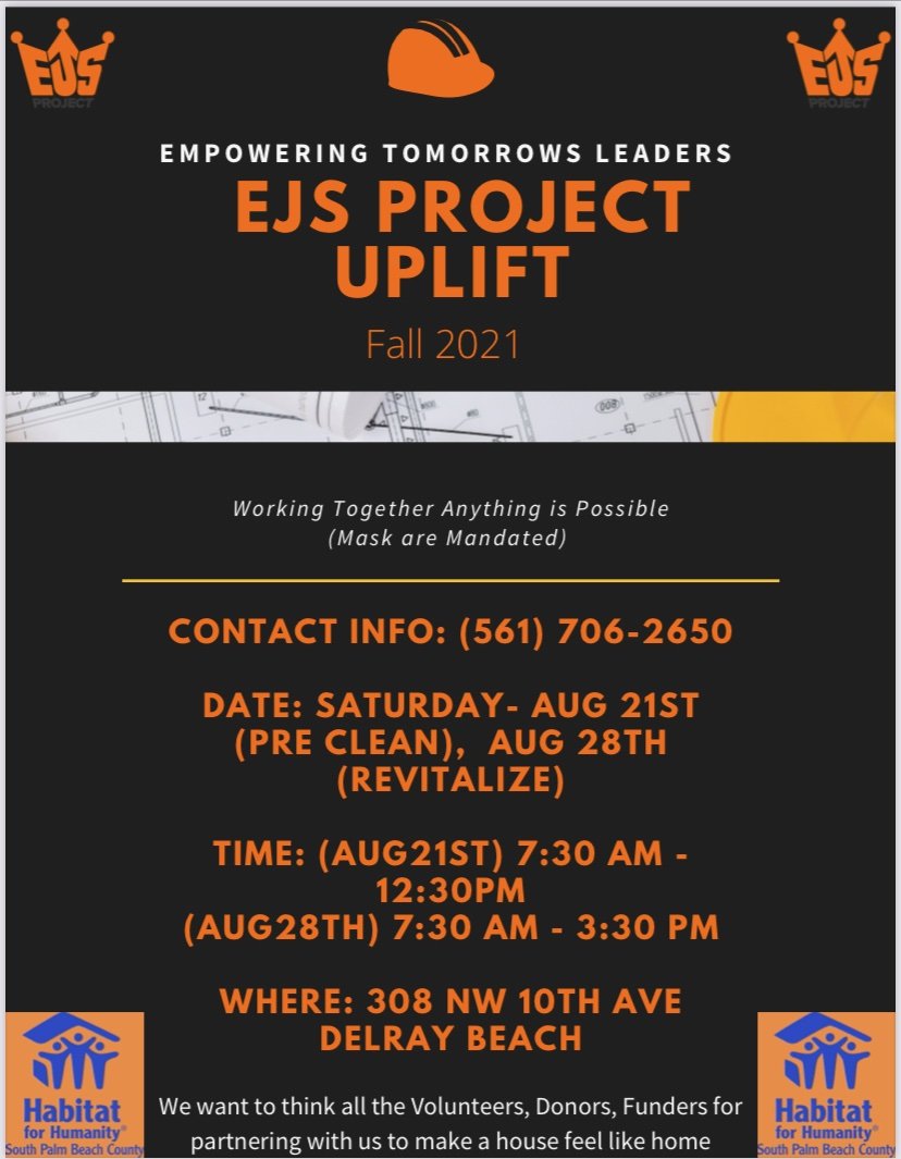 We are excited to partner with @HabitatSPBC, KACAF and community residents for our Project Uplift Fall 2021 edition. We will be providing some home improvements to two homes in the NW neighborhood of The Set #EJSProject #habitatspbc #EmpoweringYouth #Communitybuilding
