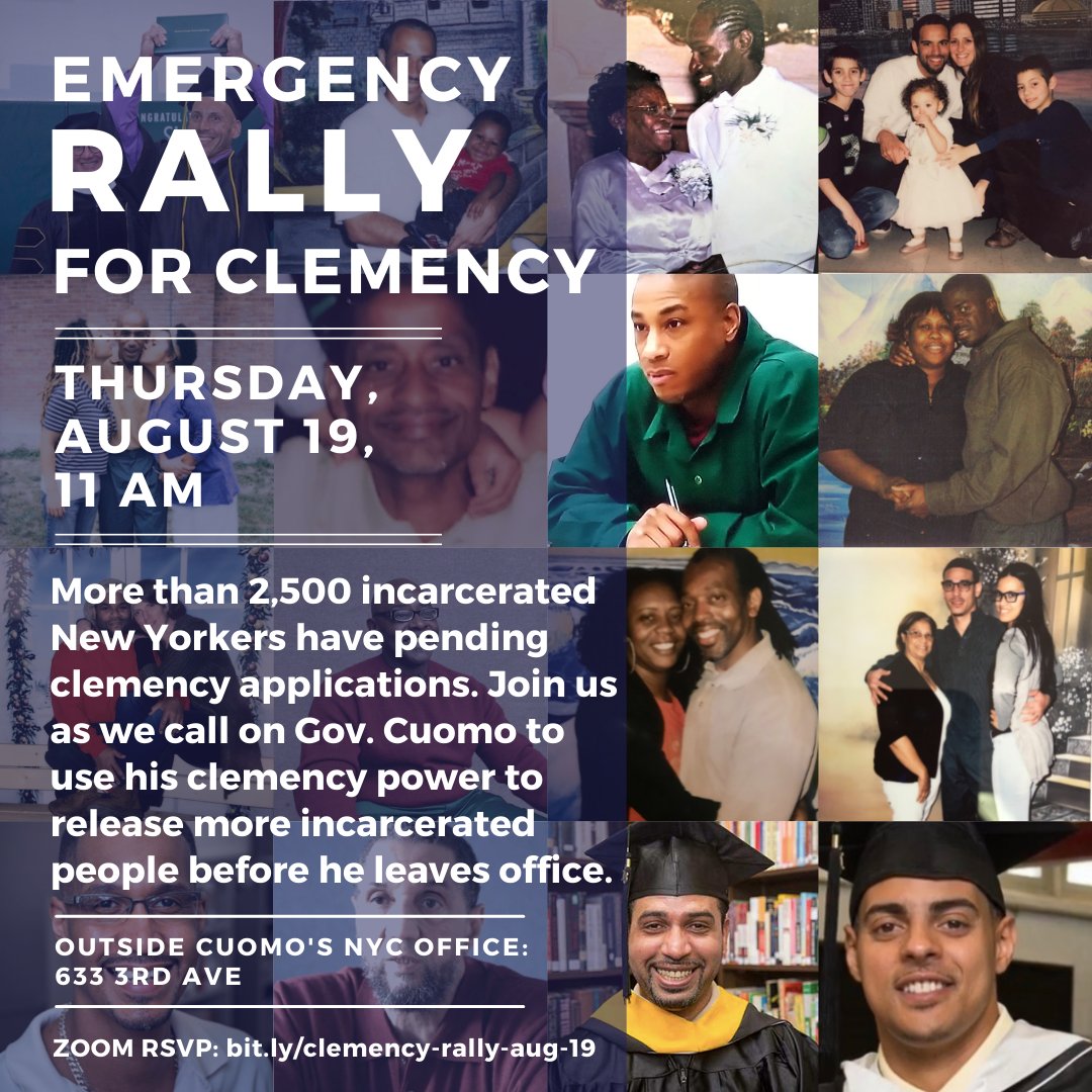 RAPPcampaign's tweet image. 🚨TOMORROW, 11 AM: Emergency Rally for Clemency outside Cuomo's NYC Office (633 3rd Ave). More than 2,500 incarcerated NYers have pending clemency applications. Join us as we call on Cuomo to use his clemency power to release more incarcerated people before he leaves office.