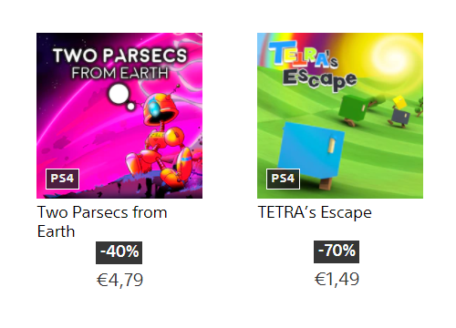 abxgames_studio's tweet photo. My 2 games are in promotion on #PS4 ^^
#TwoParsecsFromEarth is 40% off --> 4.79 €/$
and #TETRAsEscape (cross-buy #PSVita) is 70% off --> 1.49 €/$
@RatalaikaGames #indiedev #IndieGameDev #indiegames #indiegame #vitaisland https://t.co/kZtM7RvQNz