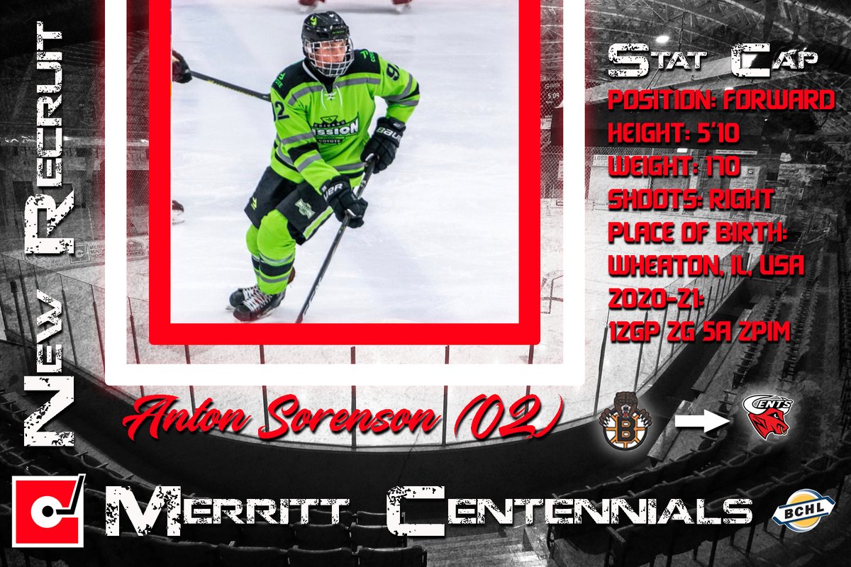 #COMMITTED:  
The Cents are pleased to announce they've committed to F Anton Sorenson of the Boston Jr. Bruins of the USPHL for the upcoming season. 
Welcome to the team Anton! 
📰: merrittcentennials.com/new-recruit-an… 
#BCHL #SaddleUp