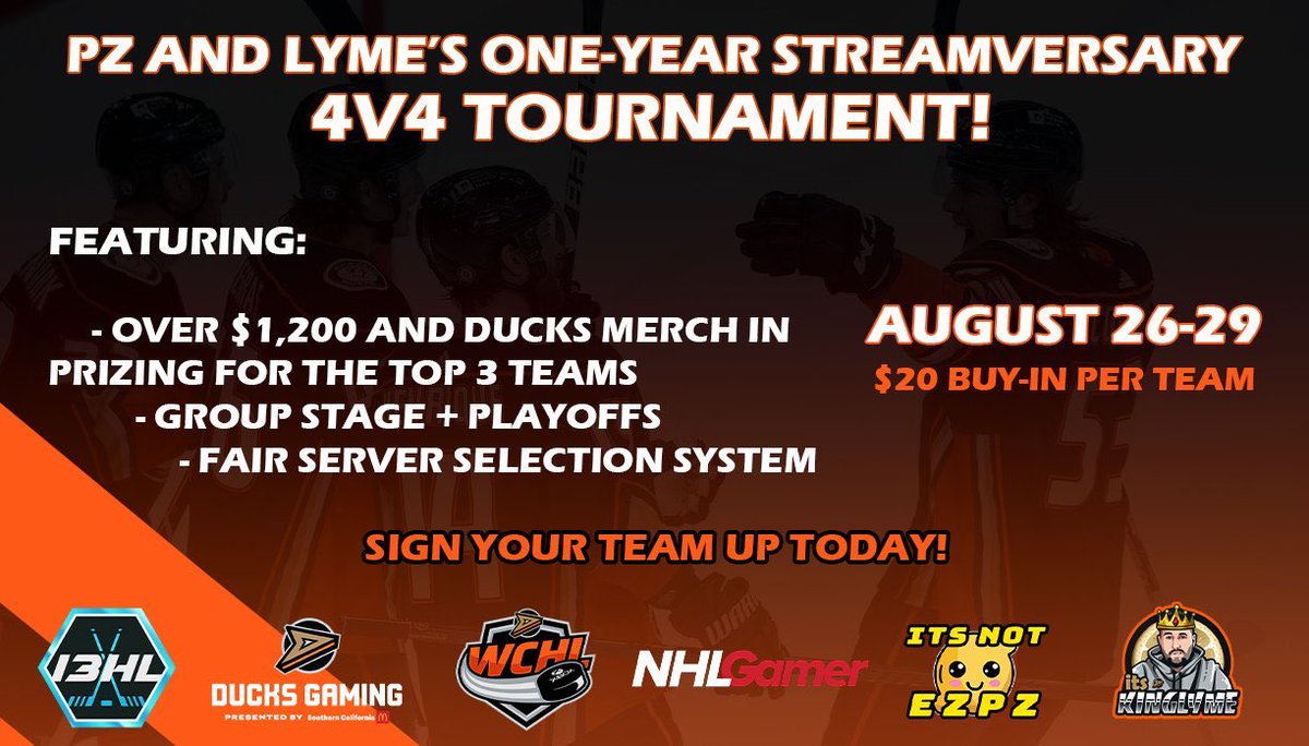 About a week left to sign your team up for <a href="/EzPz_81x/">FlippinAllNight_</a> and @ItsKingLyme 4v4 Tournament presented by <a href="/wcxhl/">Anaheim Ducks West Coast Hockey League</a> @i3HLOfficial <a href="/NHLDucksGaming/">Anaheim Ducks Gaming</a> <a href="/NHLGamerCOM/">NHLGamer</a> 
Come compete for a prize pool of now over $1500! Plus Ducks merch for the winners and via giveaway. 

discord.gg/5U9UPh8JtP