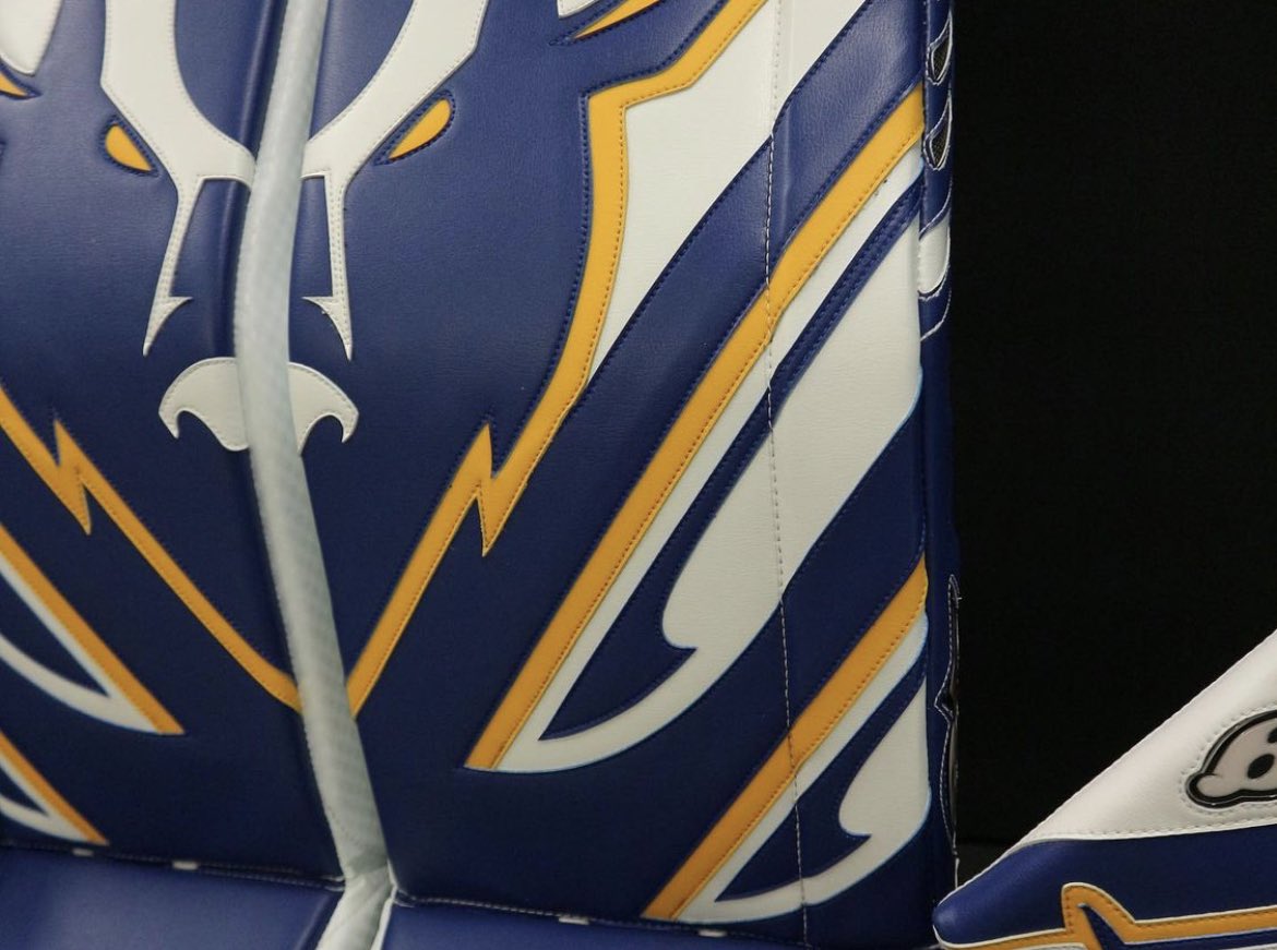 GoalieGearNerd's tweet photo. 🦬 Absolutely unreal new set of @BuffaloSabres @goaliesonly gear for @ADell32. Graphic design work by @Visual_Merc. 🐃 https://t.co/vdJAG3tpV8