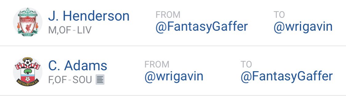 BREAKING TRANSFER NEWS

Che Adams joins @FantasyGaffer from @wrigavin for a fee of $11. 

@FantasyGaffer also sends Jordan Henderson to @wrigavin 

#fpl