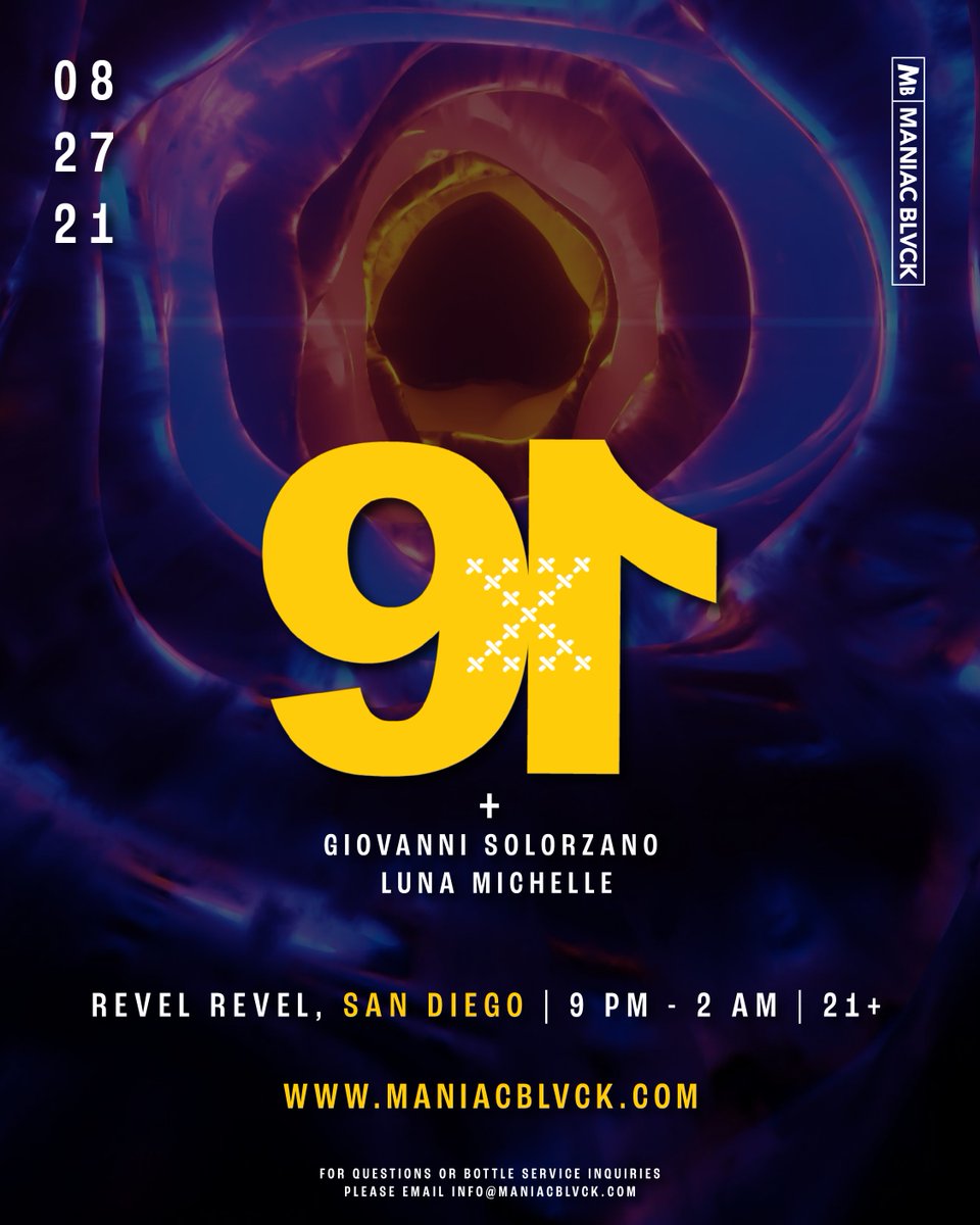 SHOW ANNOUNCE! Did someone say #TECHNO?! Don’t miss the #SanDiego debut of <a href="/NINETYONEEX/">91X</a> alongside Giovanni Solorzano and Lune Michelle next Friday, August 27 at REVEL REVEL SD presented by #MANIACBLVCK. 

Grab your tickets and meet us on the dancefloor:
maniacblvck.com/tickets