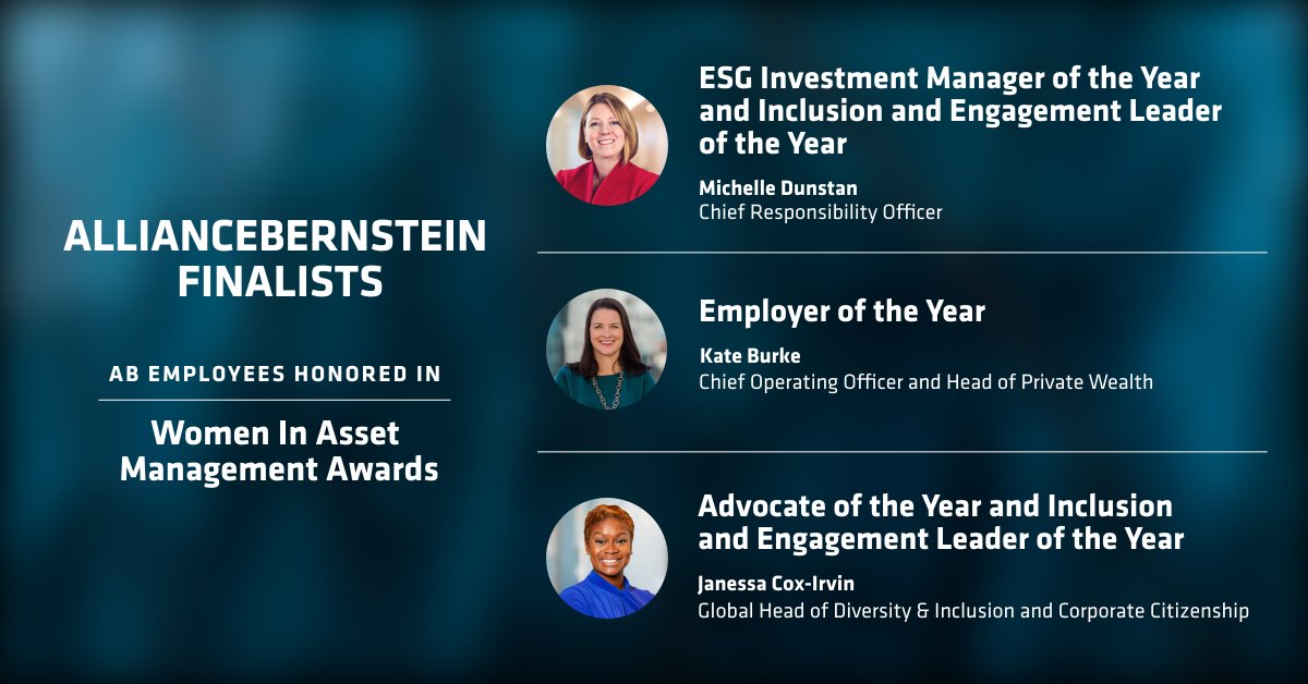 AB_insights's tweet photo. Recently, three of ABโs leaders were honored as finalists for the @womeninam awards. Congratulations to Michelle Dunstan, Kate Burke and Janessa Cox-Irvin for being #fullyinvested in our firm by leading with integrity and resilience. #WomeninAssetManagement https://t.co/REVj4Hu2Yp