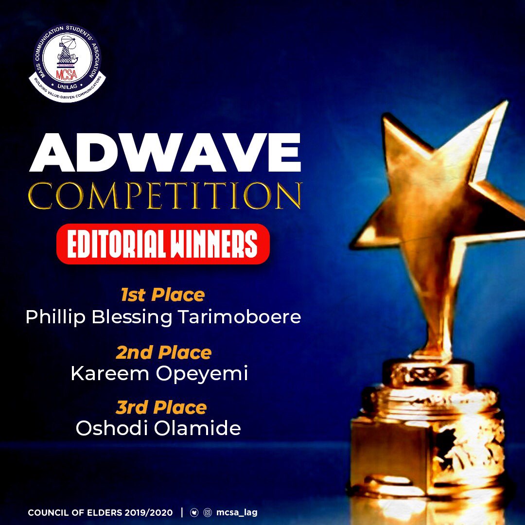 mcsa_lag's tweet photo. We know how you've been anxiously waiting for the winners.
The wait is over, the results are finally here!
The winners of Adwave 1.0 (editorial) are @blezztari @_opeeeeeee and Olamide Oshodi 🚀🚀💙
#Adwave
#Valuedriven
#MCSAWeek2020
#Lockdown https://t.co/ZMGeFyeH9Z