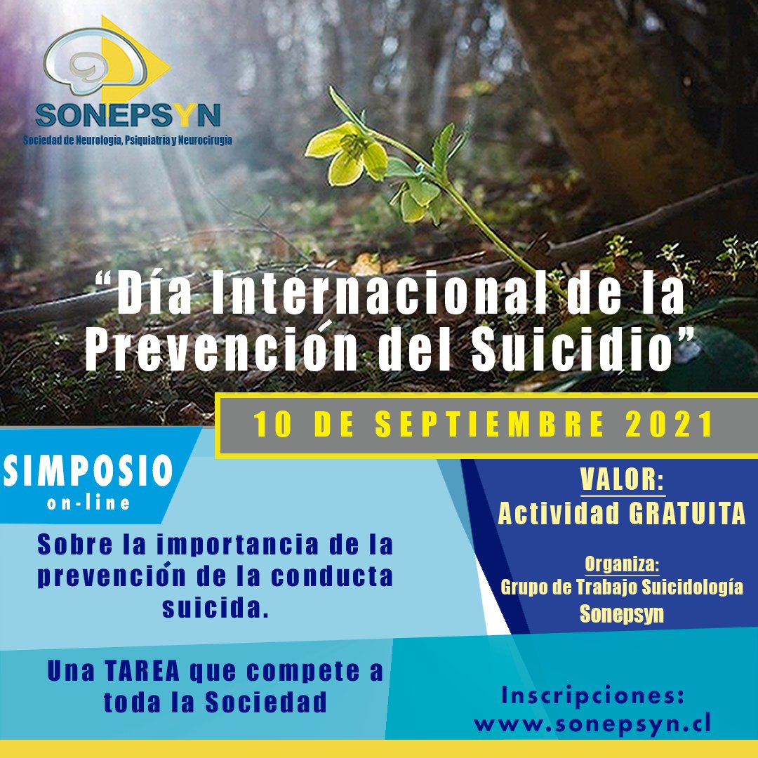 institutomidap's tweet photo. El próximo 10 de septiembre se realizará el simposio sobre la importancia de la prevención de la conducta suicida, organizado por @SonepsynChile, y del que participará el Investigador Colaborador Cristóbal Morales. Inscríbete en https://t.co/upsfJegDfr https://t.co/txtc47VCXE