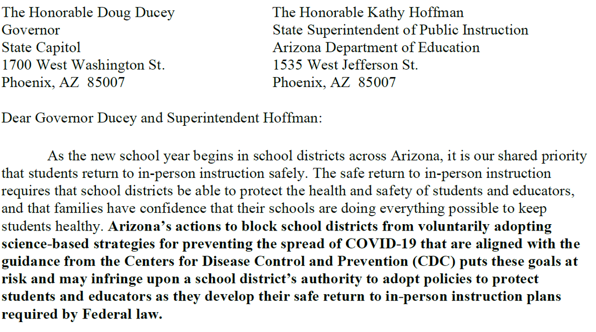 Supt_Hoffman's tweet photo. From the country's top educator to Governor @dougducey: let our schools work with their communities to implement common-sense @CDCgov  mitigation strategies, like universal masking. 

Thank you, @SecCardona, for your leadership. I stand with you in support of our students. https://t.co/482QHczY2A