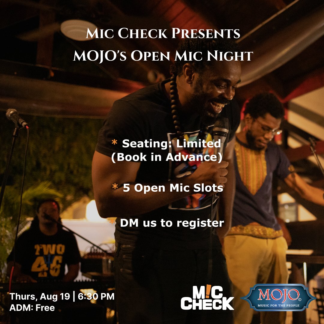 miccheckbb's tweet image. Join us for Open Mic Night at MOJO's this Thursday at 6:30 PM!

Tell a friend!

See y'all there.

📷: ig - devere.debonair

#MicCheck #Barbados #Bajan #BIM #Sunrokk #RhyMinister #Wesu #Music #Freestyle #OpenMic #SpokenWord #Poetry #Singing