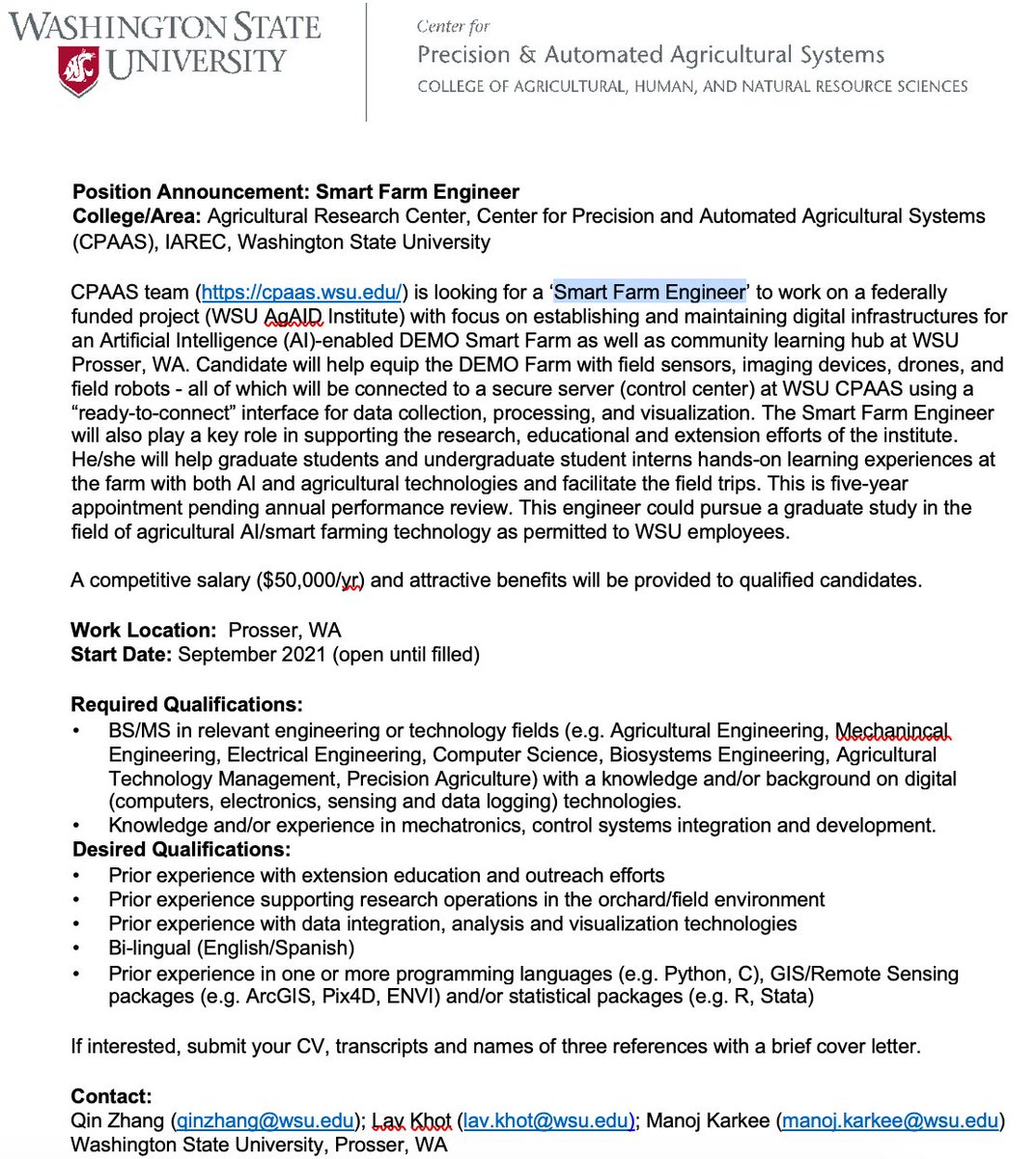 WSU <a href="/WazzuCpaas/">WSU CPAAS</a> is looking for a 'Smart Farm Engineer'; The position will be a part of <a href="/AgAID_Institute/">AgAID Institute</a> recently funded by NSF/USDA; Details in the image.. #AgRobotics #PrecisionAg #SmartFarming #Ag4dot0