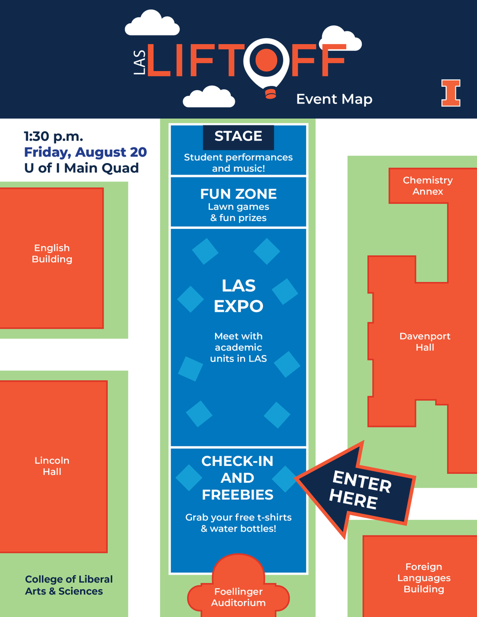T-minus 2 days till Liftoff! LAS first-year and transfer students, join us on the Main Quad between 1:30-4 p.m. on Friday to kick off your amazing journey at UIUC. More info at bit.ly/3iY5KtIR. We’ll see you there!
