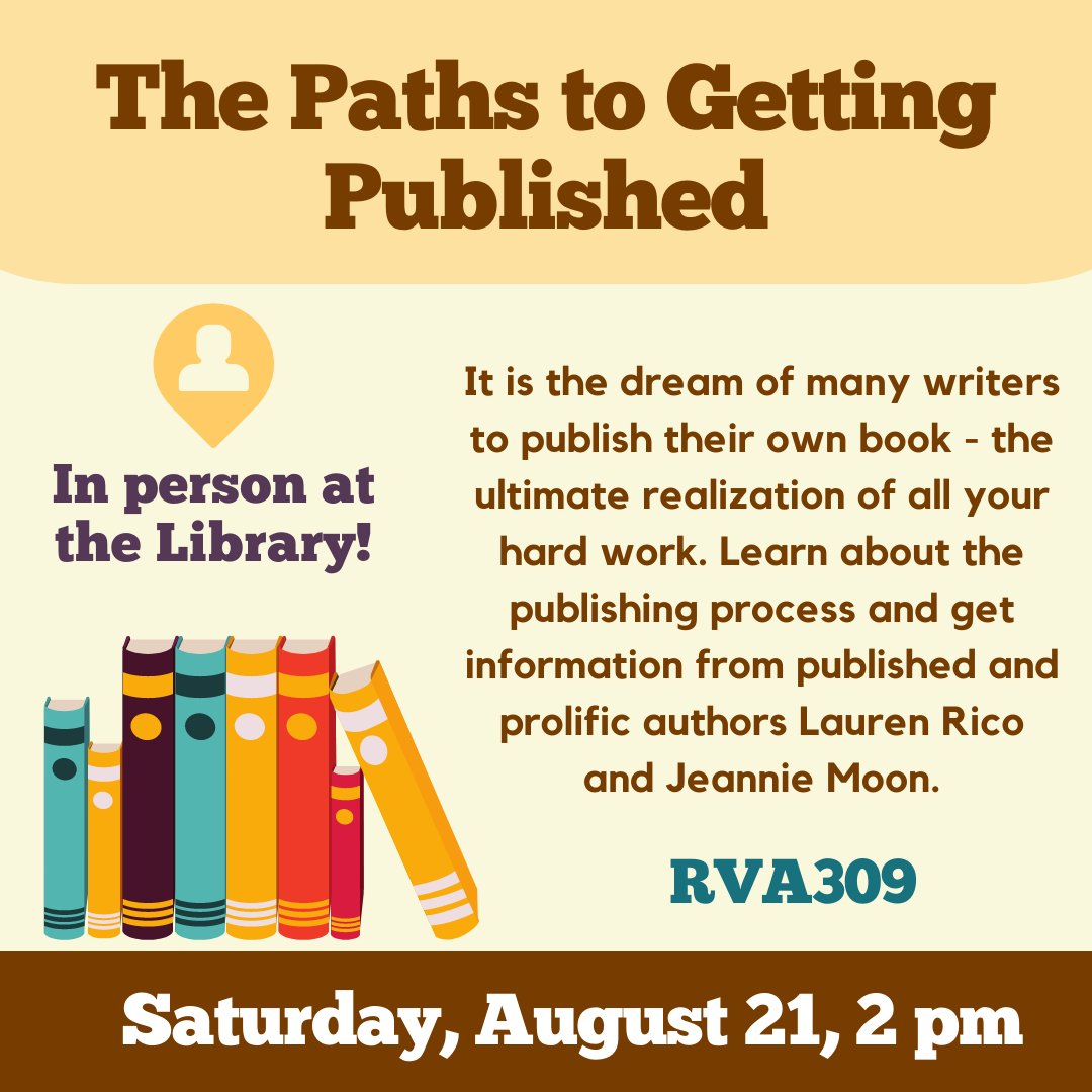 RivFreeLibrary's tweet photo. Do you aspire to become a published author? What are you doing Saturday 8/21? Authors @thelaurenrico and Jeannie Moon will be explaining the ins and outs of getting your work published. Call us to register! #becomepublished #writers #aspiringauthors #librariesarefor https://t.co/YkWDd34YfT