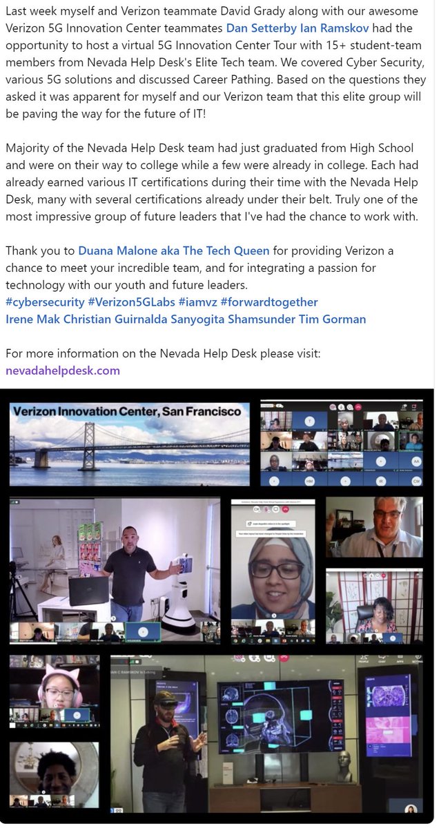 TheTechQueen's tweet photo. Wow!! Nevada Help Desk really must be doing something right when the world's largest telecommunications company 'VERIZON' talks about you on their social media page. Thank you to the entire Verizon family for sharing your time, energy and resources to inspire our next generation. https://t.co/luDaDQXnhE