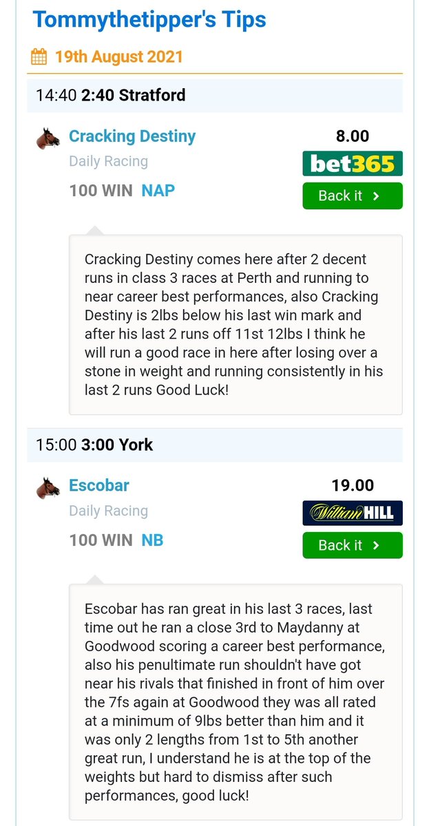 TommyTheTipper's tweet photo. 2 fancies for tomorrow, Good Luck! #York #HorseRacing #CrackingDestiny #Escobar https://t.co/cRi27KgneI