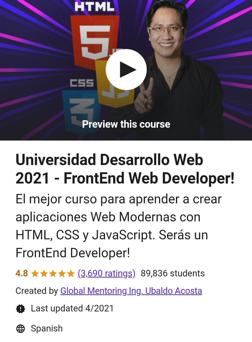 BondioDuko's tweet image. QUERÉS EMPEZAR A PROGRAMAR? ACÁ TENÉS CURSOS 100% GRÁTIS Y CON CERTIFICADO. 
DEN RT ASÍ ME AYUDAN A DIFUNDIR PORQUE RECIÉN ACTIVÉ LA CUENTA

Desarrollo Web 2021 - FrontEnd developer: HTML, CSS y JAVASCRIPT
udemy.com/course/univers…