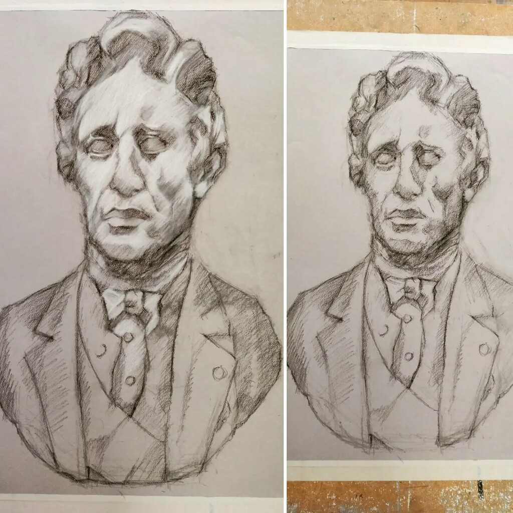 PieterJanMaesen's tweet photo. Did a rather fast set-up of a cast drawing tonight during the summer workshop to demonstrate my approach of portrait drawing. Left shows already a first layer of highlights, right only the shadows and boxing in.

#castdrawing #realistart #academicdrawing… https://t.co/WENzgEyl7H https://t.co/zjPMEbxM3Q