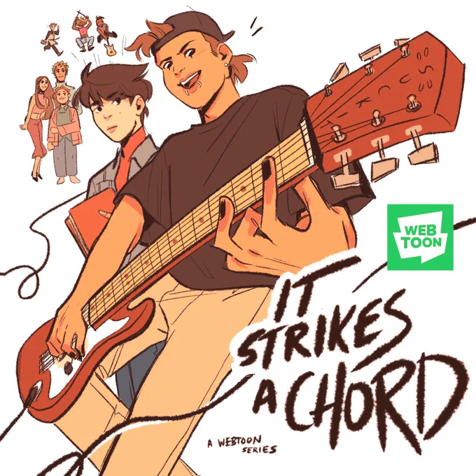 It Strikes a Chord is a queer romcom set in the early 2000s about a world-famous rockstar and a boy who owns a bookshop. There's cats, pop punk, and ~romantic flavour~. You can read it for free on Webtoon! 🎸 #meetthewebcomic 