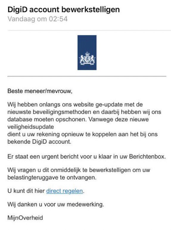 ☝🏽Let op: wederom phishingactie. Overheid stuurt nooit een mail met een link. Als je wilt weten of er berichten voor je zijn, ga zelf via je browser en typ mijnoverheid.nl en dan kan je veilig inloggen in deze omgeving. #veiliginternetten #samenwerken