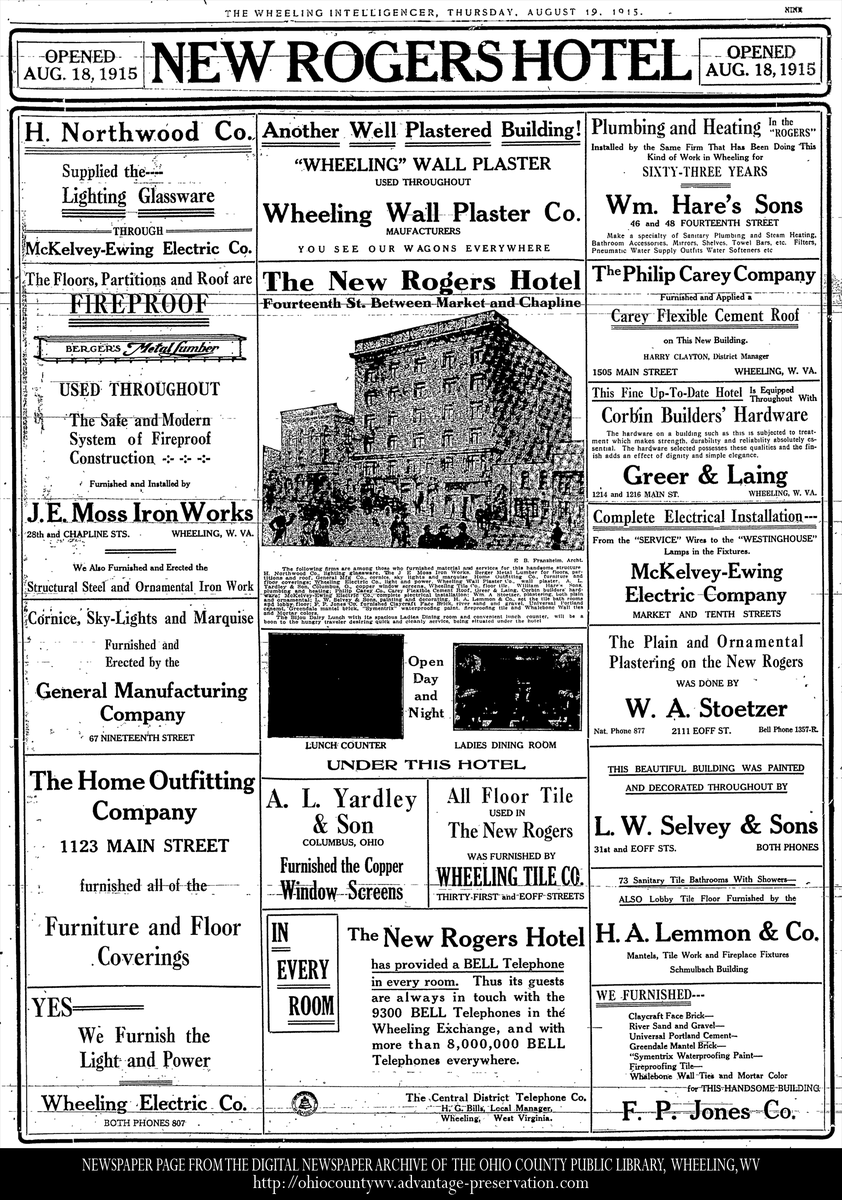 ArchiveWheeling's tweet photo. On this day in #WheelingHistory, 8/18/1915, the famously fireproof Rogers Hotel opened in downtown #Wheeling. Boasting six stories &amp; 75 rooms w/ "shower baths." An inside room went for $1.00/night while an outside room would set back guests $1.25. More at https://t.co/l7q4nJsZfm. https://t.co/hKKNUCKNzd