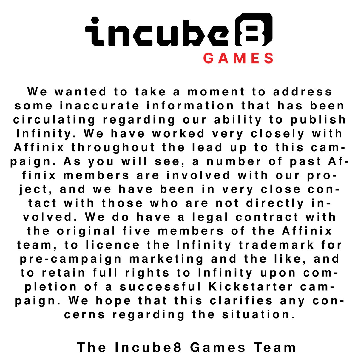 Incube8Games's tweet photo. In response to @Madlittlepixel's latest Youtube video. @ericsgamemusic @tssf, both from the original Affinix team, can confirm the provided information here. See attached excerpt from our contract. Crave never owned the license. #infinitygbc #kickstarter https://t.co/NxllqRgfRv