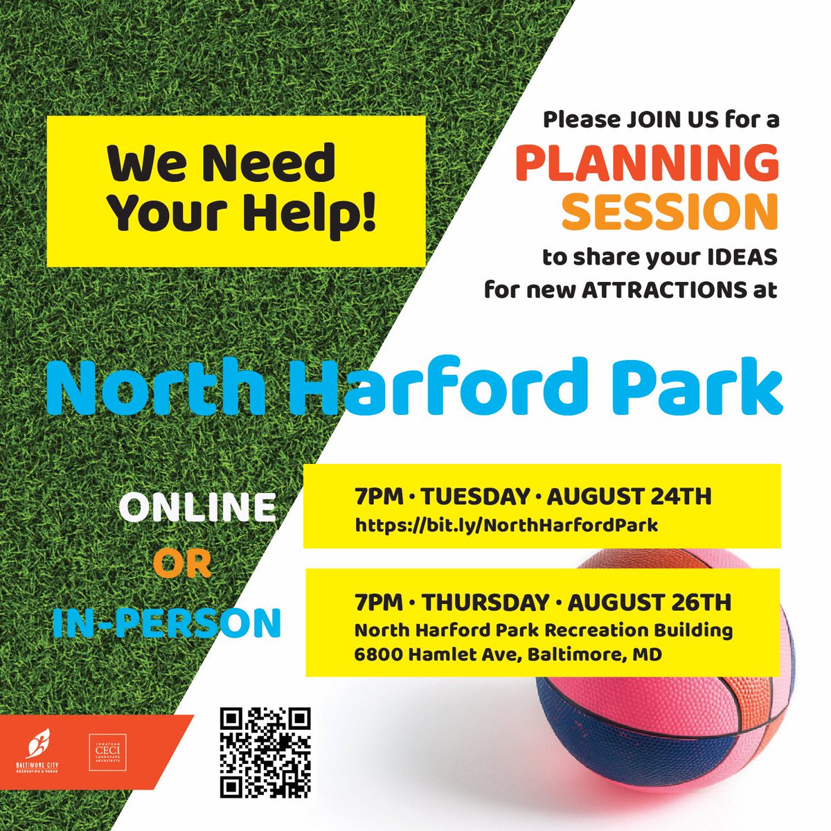 Next week, two meetings to envision investment in North Harford Park.

Online:
Tuesday 8/24, 7pm
bit.ly/NorthHarfordPa…

In person:
Thursday 8/26, 7pm
6800 Hamlet Ave